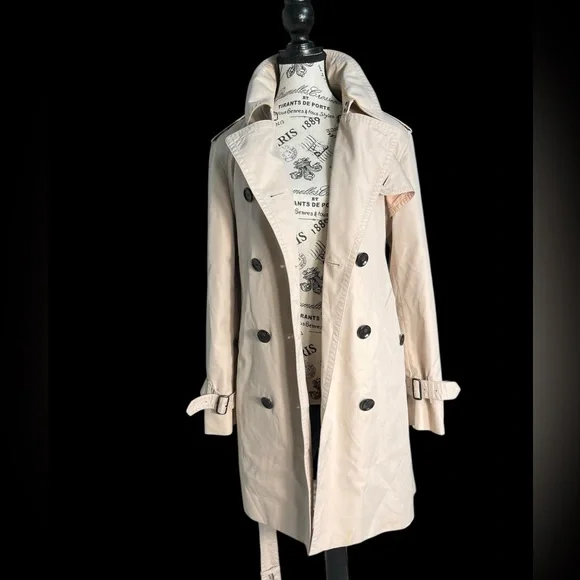 Coach New York F34024 Beige Trench Coat Double Breasted Belted Leather Trim L - Picture 3 of 16